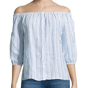 Saks Fifth Avenue Off-Shoulder Blue/White Striped Linen Blouse Size M